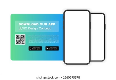 Download Our App Advertising Banner. App For Mobile Phone. Phone Mockup Template For Your Application. Modern Vector Illustration.