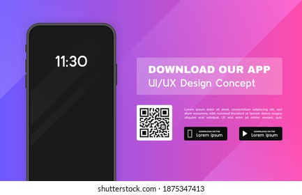 Download Our App Advertising Banner. App For Mobile Phone. Phone Mockup Template For Your Application. Modern Vector Illustration.