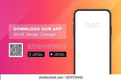 Download Our App Advertising Banner. App For Mobile Phone. Phone Mockup Template For Your Application. Modern Vector Illustration.