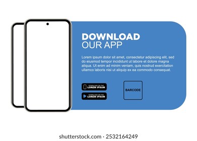 Download our app advertising banner. App for mobile phones. Phone mockup template