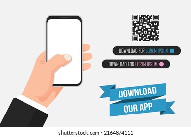 Download our app. Hand holding smartphone with empty screen for your app interface