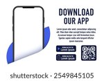 Download our app, mobile interface concept. App for mobile phone. Download page of the mobile app. Phone mockup template for your QR code digital technology app. Vector illustration