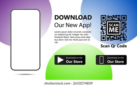 Download our app for mobile phone. Advertising banner for downloading mobile app. Mockup smartphone with empty screen for your app. Vector illustration