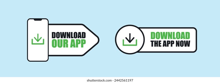 Download our App. Download the app now two label, sticker or icons. App promotion or marketing stickers. Mobile Application icons.
mobile phone screen having download button on plain white screen. 