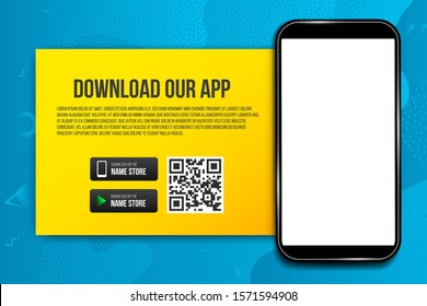 Download our App. Page of the mobile application. Advertising phone screenshot space. Load buttons. Program store seal, deal. Vector blank design illustration on background.