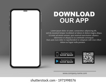 Download our app. Download page of the mobile app. Ad page to download new app. Mockup smartphone with empty screen for your app. Vector illustration.