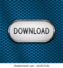 DOWNLOAD oval button on blue perforated background. Vector 3d illustration