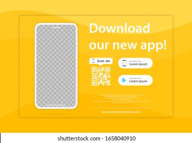 Download page of the mobile app. Empty screen smartphone for you apps. Download our new app ,Mobile App. Load buttons. Download our App, background. Banner Page of the mobile application