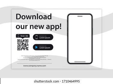 Download page of the mobile app. Empty screen smartphone for you apps. Download our new app ,Mobile App. Load buttons. Download our App, background. Banner Page of the mobile application