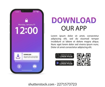 Download page of the mobile app. Empty screen smartphone for you apps. Download our new app ,Mobile App. Load buttons. Mobile application banner page. Vector illustration