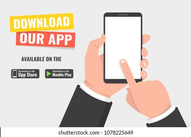 Download page of the mobile app. Hand holding smartphone and touching screen. Vector illustration.