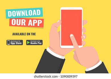 Download page of the mobile app. Hand holding smartphone and touching screen. Vector illustration.