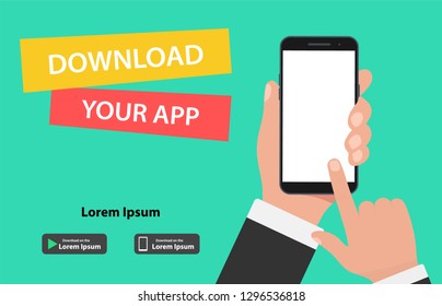 Download page of the mobile app. Hand holding smartphone and touching screen.