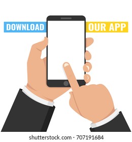 Download page of the mobile app. Hand holding smartphone and touching screen. Flat vector illustration.