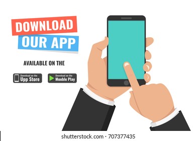 Download page of the mobile app. Hand holding smartphone and touching screen. Flat vector illustration.