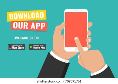 Download Page Of The Mobile App. Hand Holding Smartphone And Touching Screen. Flat Vector Illustration.