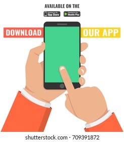 Download page of the mobile app. Hand holding smartphone and touching screen. Flat vector illustration.