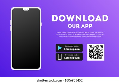 Download page of the mobile app mock up. Empty screen smartphone for you app. Download buttons. Vector illustration.