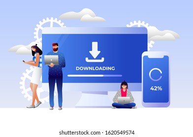 Download Page Of The Mobile App, Download System Update Vector Illustration Concept, People Update Operation System Can Use For Landing Page Template, App, Flyer, Poster, Banner. Character Design.