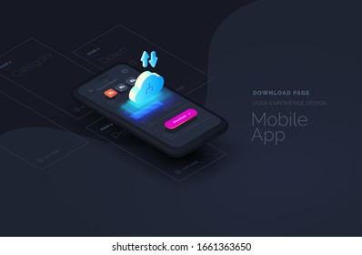 Download page for mobile applications. Web page created from separate blocks. User experience, user interface. Layouts of the mobile application by layers. Modern vector illustration isometric style.