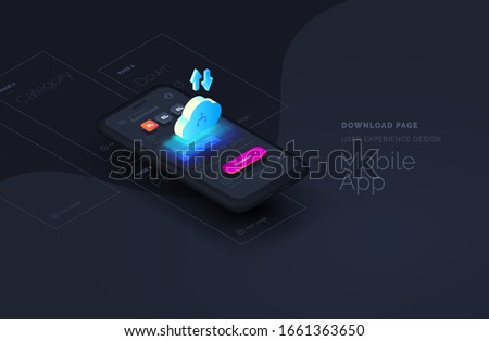 Download page for mobile applications. Web page created from separate blocks. User experience, user interface. Layouts of the mobile application by layers. Modern vector illustration isometric style.
