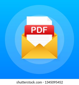 Download PDF button. Downloading document concept. File with PDF label and down arrow sign. Vector stock illustration.