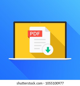 Download PDF button on laptop screen. Downloading document concept. File with PDF label and down arrow sign. Modern long shadow flat design. Vector illustration