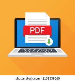 Download PDF button on laptop screen. Downloading document concept. File with PDF label and down arrow sign. Vector stock illustration.