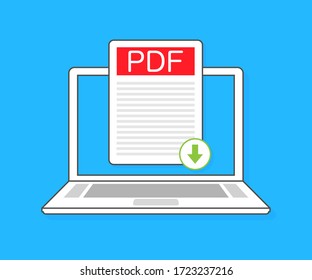 Descargar botón PDF en la pantalla del portátil. Descargando concepto de documento. Archivo con etiqueta PDF y signo de flecha abajo. Ilustración vectorial.