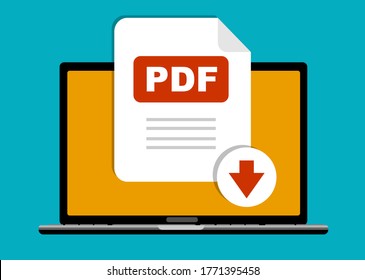 Download PDF button on laptop screen. Downloading document concept. File with PDF label and down arrow sign. Vector stock illustration.