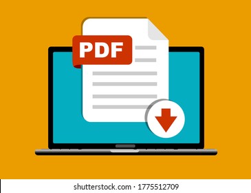 Download PDF button on laptop screen. Downloading document concept. File with PDF label and down arrow sign. Vector stock illustration.