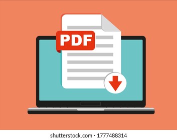 Laden Sie die PDF-Schaltfläche auf dem Bildschirm Ihres Notebooks herunter. Konzept des Dokuments herunterladen. Datei mit PDF-Beschriftung und nach unten zeigenden Pfeilzeichen. Vektorgrafik.