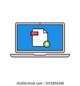 Download PDF button on laptop screen. Downloading document concept. File with PDF label and down arrow sign. Modern long shadow flat design color editable
