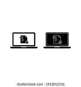 Download PDF button on laptop screen. Downloading document concept. File with PDF label and down arrow sign. Modern long shadow flat design color editable