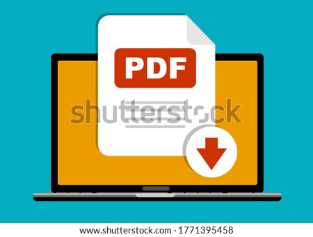 Download PDF button on laptop screen. Downloading document concept. File with PDF label and down arrow sign. Vector stock illustration.