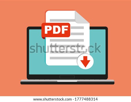 Download PDF button on laptop screen. Downloading document concept. File with PDF label and down arrow sign. Vector illustration.