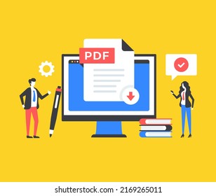 Download PDF document. People and PDF file with download arrow on screen. Downloading concepts. Modern graphic elements set. Vector illustration