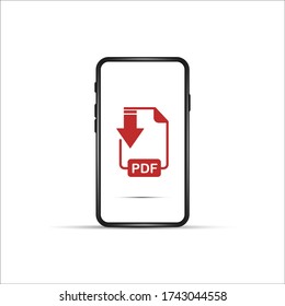 download pdf file by cartoon mobile phone. concept of upload files to your telephone such as docs books and more. flat simple style trend modern logotype graphic design isolated on white background