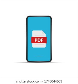 download pdf file by cartoon mobile phone. concept of upload files to your telephone such as docs books and more. flat simple style trend modern logotype graphic design isolated on white background