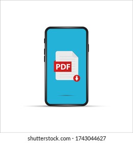 PDF Datei per Cartoon Handy herunterladen. Konzept des Hochladens von Dateien auf Ihr Telefon, wie docs Bücher und mehr. schlichte Stilrichtung modernes logotypisches Design isoliert von weißem Hintergrund