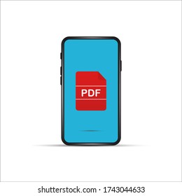 download pdf file by cartoon mobile phone. concept of upload files to your telephone such as docs books and more. flat simple style trend modern logotype graphic design isolated on white background