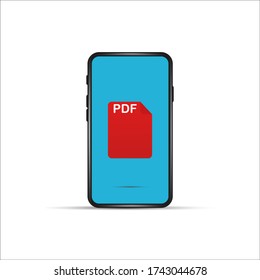 download pdf file by cartoon mobile phone. concept of upload files to your telephone such as docs books and more. flat simple style trend modern logotype graphic design isolated on white background