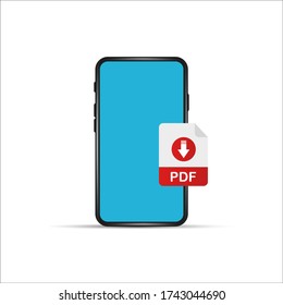 download pdf file by cartoon mobile phone. concept of upload files to your telephone such as docs books and more. flat simple style trend modern logotype graphic design isolated on white background