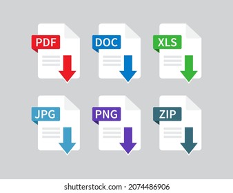 Download pdf file. Documents File Format icon. File type isolated on gray background. PDF, DOC, XLS, JPG, PNG, ZIP. Vector illustration