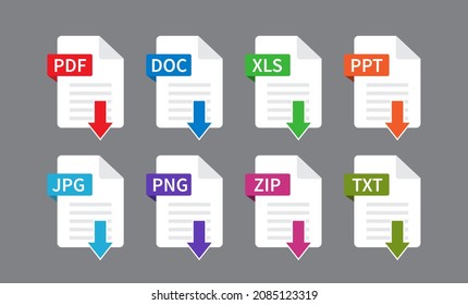 Descargar archivo pdf. Icono Formato de archivo de documentos. Tipo de archivo aislado en el fondo gris. PDF, DOC, XLS, JPG, PNG, ZIP, PPT, TXT. Ilustración del vector