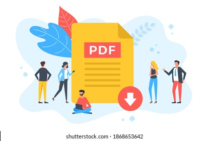 Download PDF file. Group of people with PDF document and download button. Modern flat design. Vector illustration