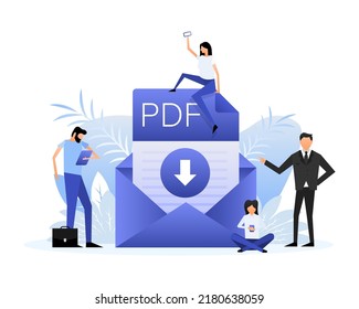 Download PDF file. Group of people with PDF document. Isometric vector. Icon vector