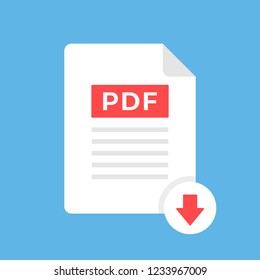 Download PDF icon. Document with PDF label and down arrow sign. Downloading file concept. Modern flat design. Vector icon