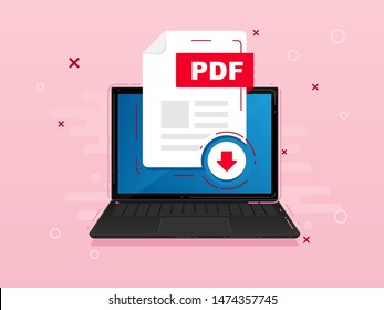 Download PDF icon file with label on laptop screen. Downloading document concept. Banner for business, marketing and advertising. Vector Illustration.