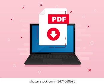 Download PDF icon file with label on laptop screen. Downloading document concept. Banner for business, marketing and advertising. Vector Illustration.